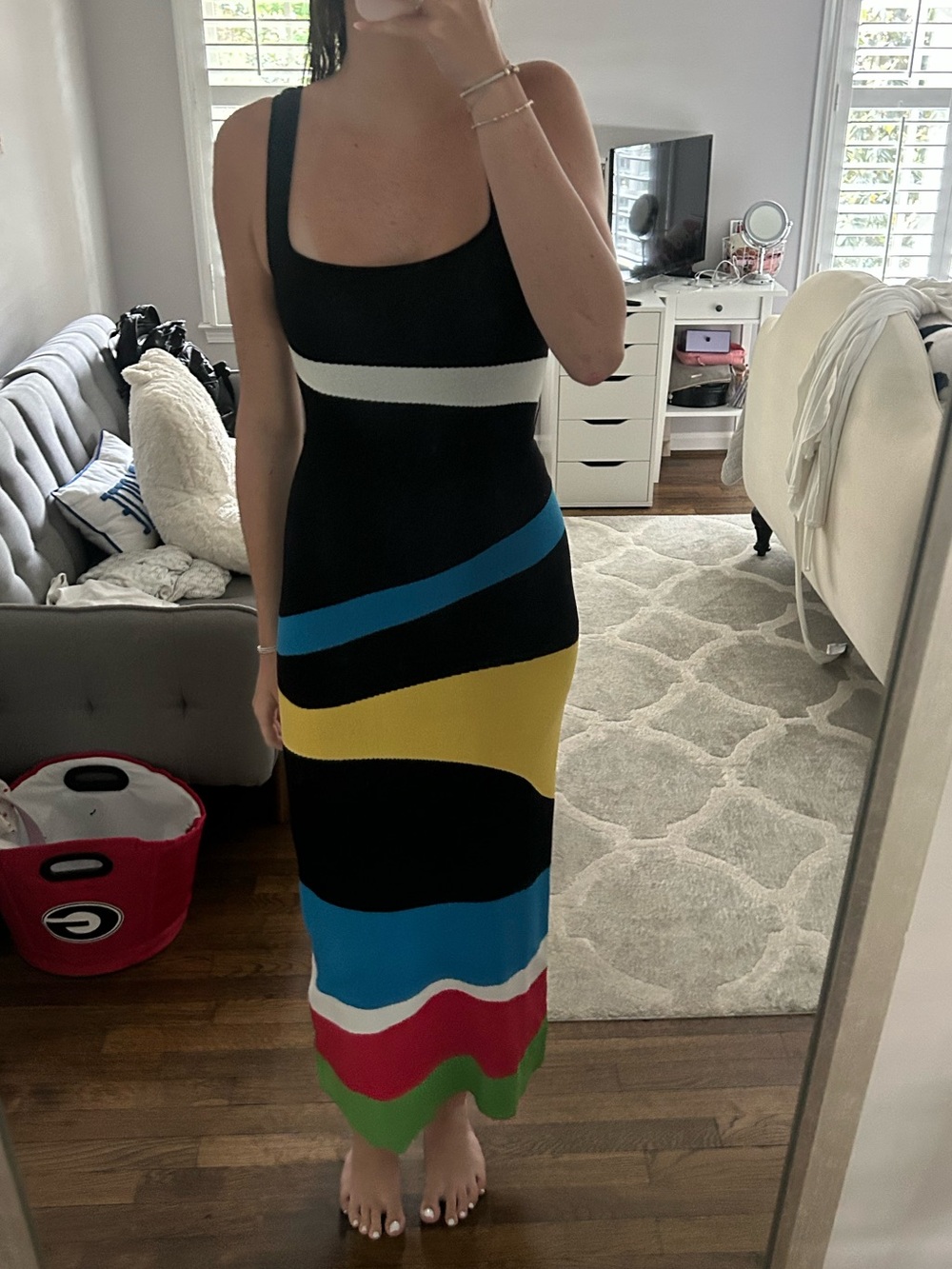 STAUD Black Maxi Dress with Blue, Yellow, Red & Green Stripes